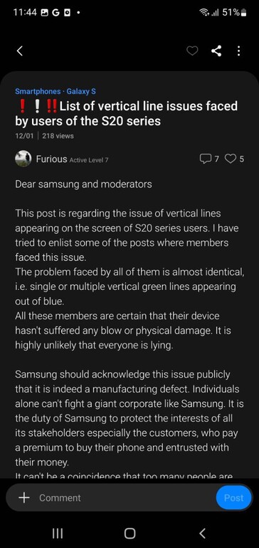 Usuários reclamando de Galaxy S20 Plus apresentam problemas de exibição nos Membros Samsung (imagem através do próprio)