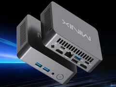 O NUC300 possui uma porta 2,5 GbE. Na imagem: uma renderização promocional mostrando o design e a configuração das portas do mini PC.