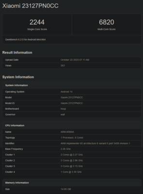 Pontuação do Geekbench do Snapdragon 8 Gen 3 (imagem via Geekbench)