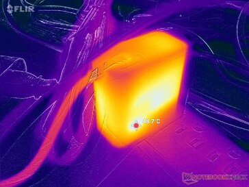O adaptador CA atinge mais de 49 °C ao operar cargas exigentes