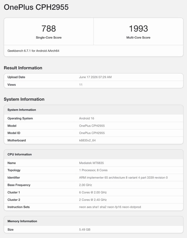 Suposta listagem do OnePlus N6 no Geekbench.
