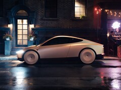 O Tesla Cab estacionado em uma rua molhada da cidade à noite, apresentando um design elegante e futurista com rodas cobertas. (Fonte da imagem: Tesla)