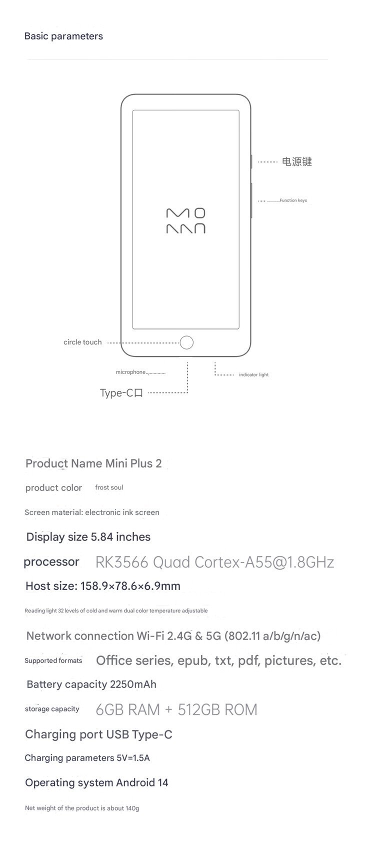 Especificações completas do Moaan InkPalm Mini Plus 2 (Fonte da imagem: Xiaomi - tradução automática)