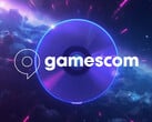 Logotipo da Gamescom exibido sobre um disco do PS5