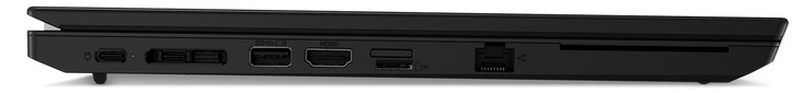 Lado esquerdo:1x USB-C 3.2 Gen 2 (fonte de alimentação), 1x USB-C 3.2 Gen 1, porta de acoplamento, USB-A 3.2 Gen 2, HDMI 2.0, slot nano SIM (superior, opcional), leitor de cartão microSD (inferior), LAN Gigabit, leitor de cartão inteligente (opcional)