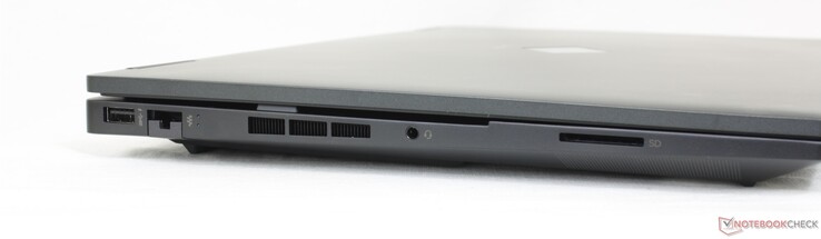 Esquerda: USB-A 5 Gbps, Gigabit RJ-45, fone de ouvido 3,5 mm, leitor de cartões SD