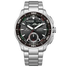 Imagem frontal do produto Citizen Promaster Wave Tracker JV3001-53E com pulseira de aço inoxidável, bezel preto e mostrador híbrido analógico-digital do cronômetro de iate.