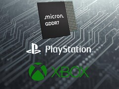 Logotipos do PlayStation e do Xbox vistos abaixo da DRAM Micron GDDR7 (Fonte da imagem: Micron, Sony PlayStation, Xbox Gaming com edições)