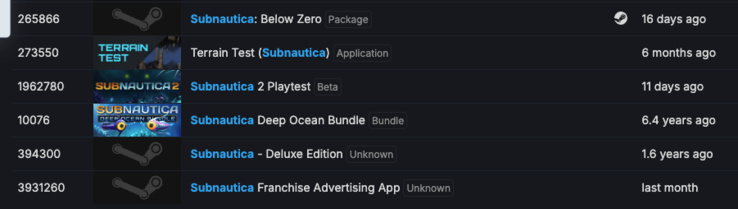 Teste de jogo do Subnautica 2 no SteamDB (Fonte da imagem: SteamDB)