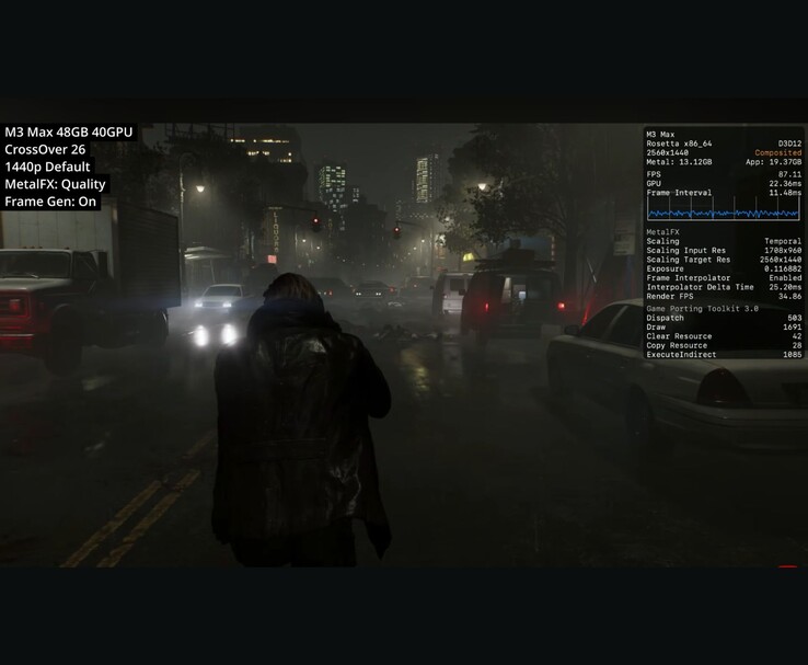 Resident Evil Requiem em execução no M3 Max Mac via CrossOver 26 a 1440p com qualidade MetalFX e geração de quadros mostrando cerca de 87 FPS.