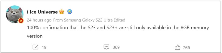 Galaxy S23 RAM confirmação. (Fonte da imagem: Weibo)