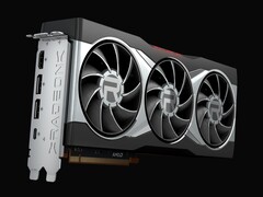 Renderização em close da placa de vídeo AMD Radeon RX 6800 XT, com design de resfriamento de ventilador triplo e revestimento prateado com a marca Radeon em destaque. (Fonte da imagem: AMD)