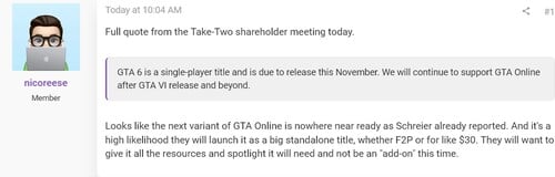 Citação sobre o GTA Online retirada da assembleia de acionistas da Take-Two