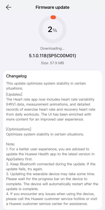 As notas de lançamento da versão 5.1.0.118 do software para o Huawei Watch Fit 4 Pro. (Fonte da imagem: u/Cakerist via Reddit)