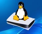 Logotipo do Tux Linux exibido acima do console PS5