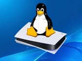 Logotipo do Tux Linux exibido acima do console PS5