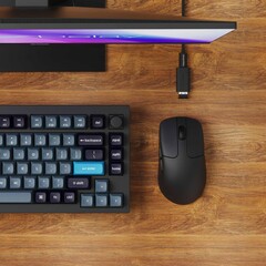 Mouse Keychron M2 com receptor 8K e um cabo extensor e adaptador.