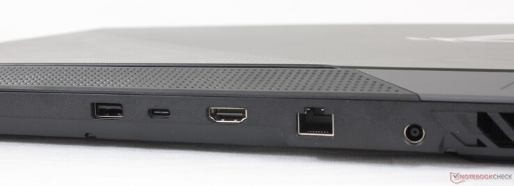 Esquerda: USB-A 3.2 Gen. 1, USB-C 3.2 Gen. 2 c/ DisplayPort e Power Delivery, HDMI 2.0b, Gigabit RJ-45, adaptador AC