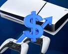 Console PS5 mostrado com cifrão e seta para cima (Fonte da imagem: Sony PlayStation com edições)