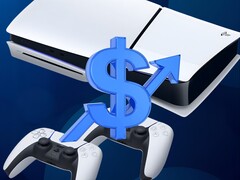 Console PS5 mostrado com cifrão e seta para cima (Fonte da imagem: Sony PlayStation com edições)