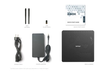 A ZBOX QTG7A4500, sua caixa e seus acessórios como padrão. (Fonte: ZOTAC)