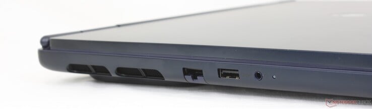 Esquerda: RJ-45 (1 Gbps), USB-A 3.2 Gen. 1 (5 Gbps), fone de ouvido de 3,5 mm