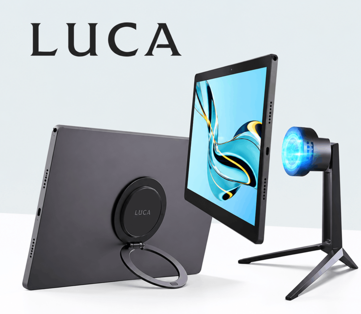 Tablet Luca exibido com seu sistema de fixação magnética e base de carregamento sem fio
