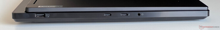 Esquerda: USB-A 3.2 Gen.1 (5 Gbit/s), USB-C 3.2 Gen.2 (10 Gbit/s, modo DisplayPort ALT 1.4, Power Delivery 3.0), USB-C 4.0 com Thunderbolt 4 (40 GBit/s, modo DisplayPort Alt 1.4, Power Delivery 3.0), conector de áudio de 3,5 mm