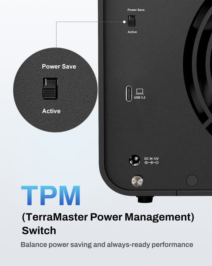 A imagem mostra o recurso dedicado de economia de energia do TerraMaster D8 Hybrid 2 DAS