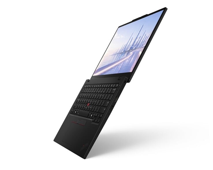 A dobradiça de 180° do ThinkPad E13 AI 2026 permite que a tela fique totalmente plana