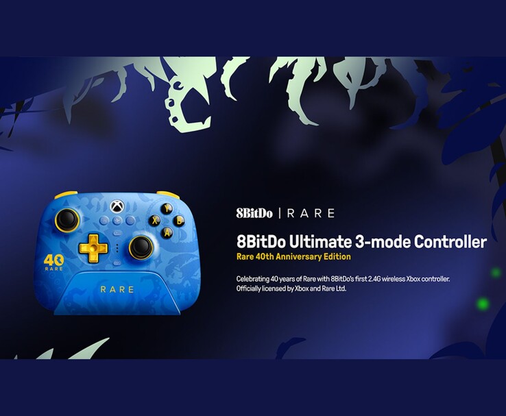 Promoção oficial do controlador 8BitDo Ultimate 3-mode Controller Rare 40th Anniversary Edition, mostrando o design e a marca do controlador. (Fonte da imagem: pôster promocional oficial da 8BitDo)