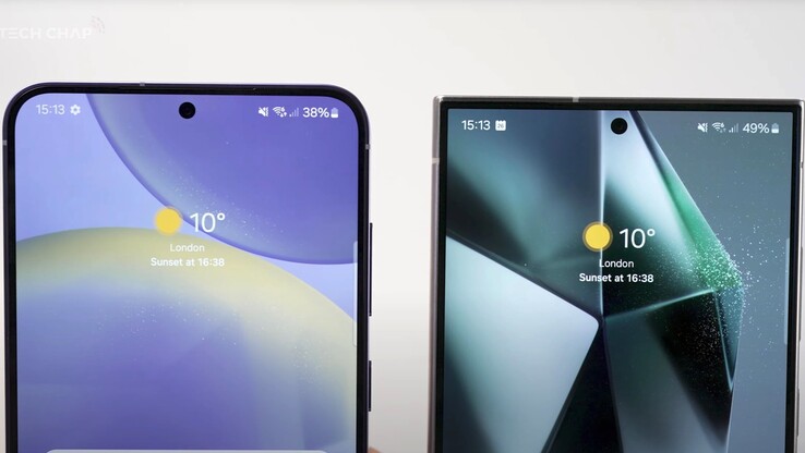 No final do teste de comparação, o Galaxy S24+ (à esquerda) tem um tempo de execução restante significativamente menor em comparação com o Galaxy S24 Ultra (à direita, imagem: TheTechChap)