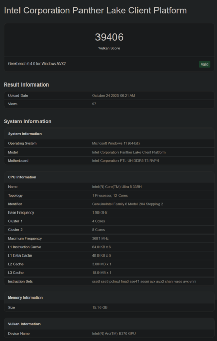 Intel Core Ultra 5 328H Geekbench listing (fonte da imagem: Geekbench)