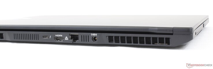 Atrás: USB-C c/ Thunderbolt 4 + DisplayPort, HDMI 2.1, 2.5-Gbit RJ-45, adaptador AC