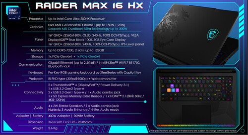 As especificações do MSI Raider 16 Max HX são mostradas (Fonte da imagem: MSI PR)