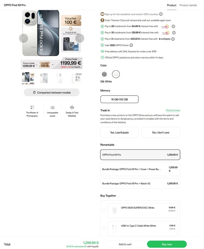 Na Itália, há um desconto de 100 euros no Oppo Find X9 Pro e duas ofertas de pacotes diferentes.