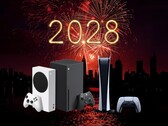 Os consoles Xbox e PS5 são mostrados no cenário de 2028