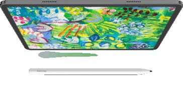 Tablet Blackview Zeno 6 exibindo uma arte colorida com uma caneta stylus branca abaixo dele