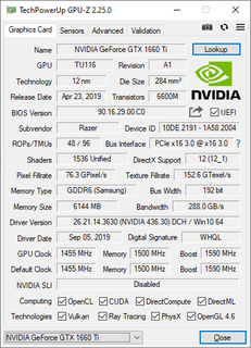 GeForce GTX 1660 Ti GPU-Z tirado do modelo de base Razer Blade 15