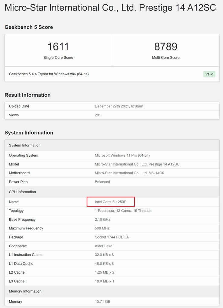 Intel Core i5-1250P. (Fonte de imagem: Geekbench)