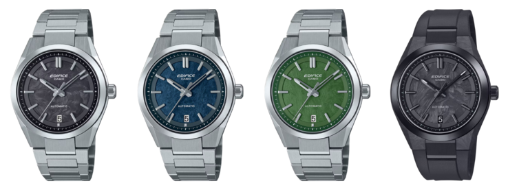 Da esquerda para a direita: os relógios Casio EFK-100CD-1A, EFK-100D-2A, EFK-100D-3A e EFK-100XPB-1A. (Fonte da imagem: Casio, editado)