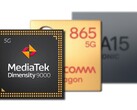 O ARM Mali-G710 MP10 na Dimensidade 9000 venceu os GPUs no SD865 e Apple A15. (Fonte da imagem: MediaTek/Qualcomm/Apple - editado)