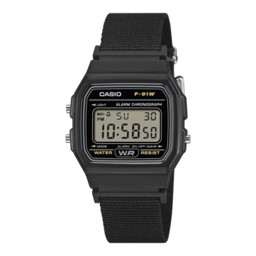 Relógio digital Casio F-91WF-1A com caixa preta e pulseira de tecido preto.