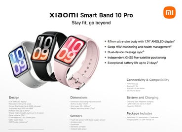 Especificações completas e opções de cores regulares da Smart Band 10 Pro
