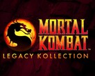 Logotipo do Mortal Kombat: Legacy Kollection com o icônico emblema do dragão com texto em gradiente vermelho e amarelo em um fundo escuro rachado (Fonte da imagem: Warner Bros. Games / NetherRealm Studios)