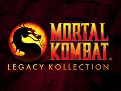 Logotipo do Mortal Kombat: Legacy Kollection com o icônico emblema do dragão com texto em gradiente vermelho e amarelo em um fundo escuro rachado (Fonte da imagem: Warner Bros. Games / NetherRealm Studios)