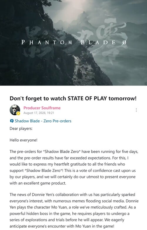 Liang Qiwei, da S-Game, atualiza informações sobre as pré-vendas de Phantom Blade Zero