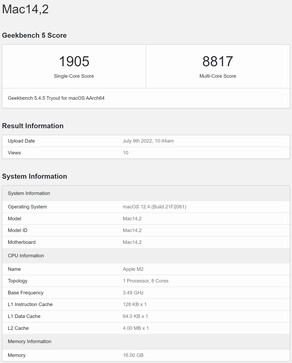 Representante M2 MacBook Air entry. (Fonte da imagem: Geekbench)