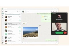 Uma imagem promocional do WhatsApp no Windows 11 mostrando a interface de usuário do bate-papo em um fundo bege. (Fonte da imagem: Microsoft Store)