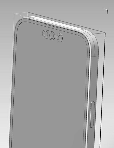 iPhone 14 Pro Max CAD renderização - Identificação facial e furo de autoperfuração. (Fonte de imagem: @VNchocoTaco no Twitter)